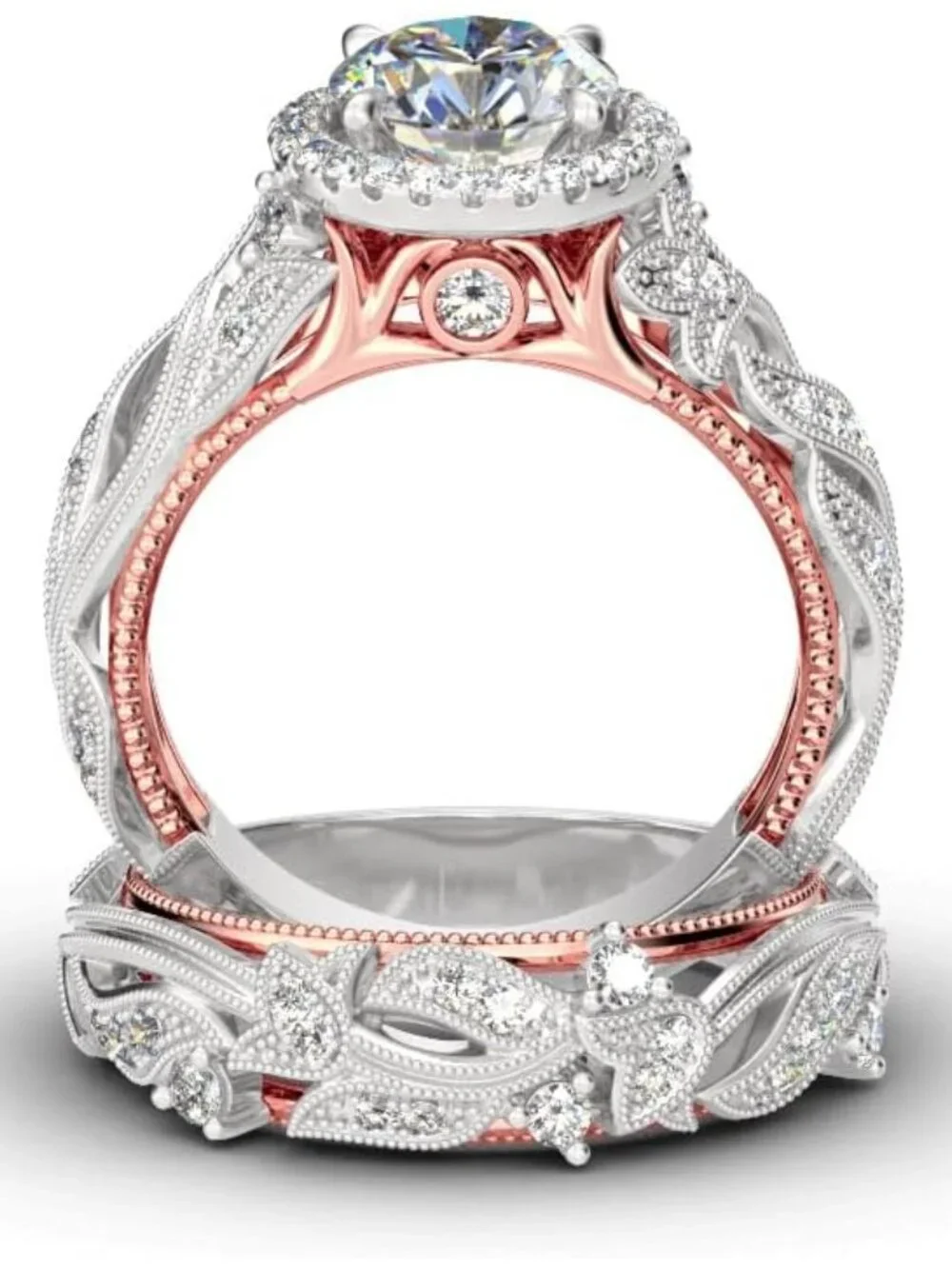 Elegant 4 Carat Rose Gold & Silver Halo Engagement & Wedding Ring Set